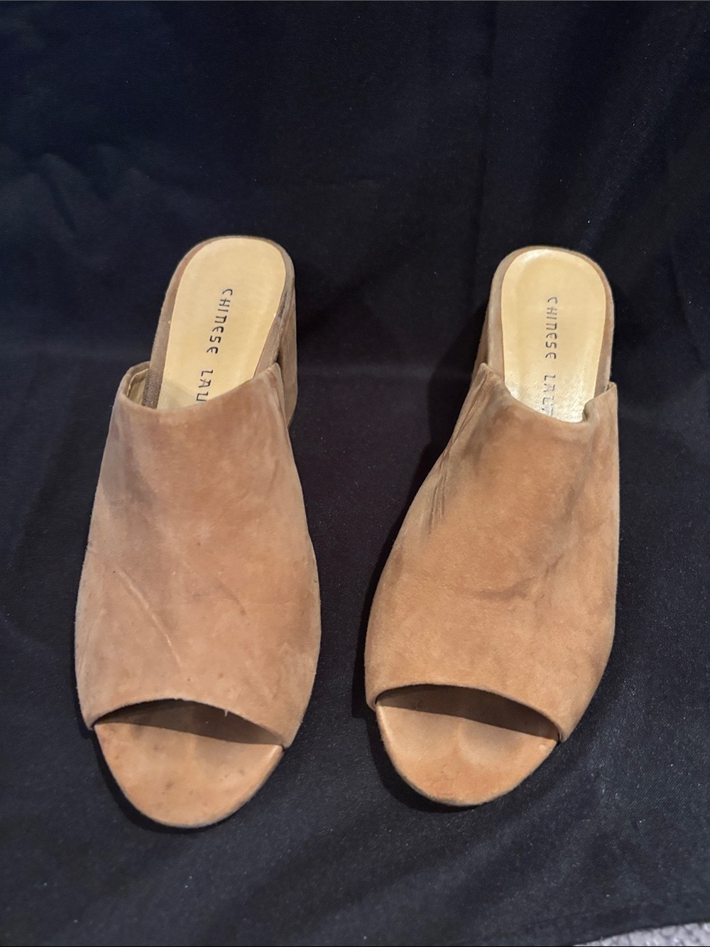 Chinese Laundry Tan Suede Open-Toe Slip-On Mules
